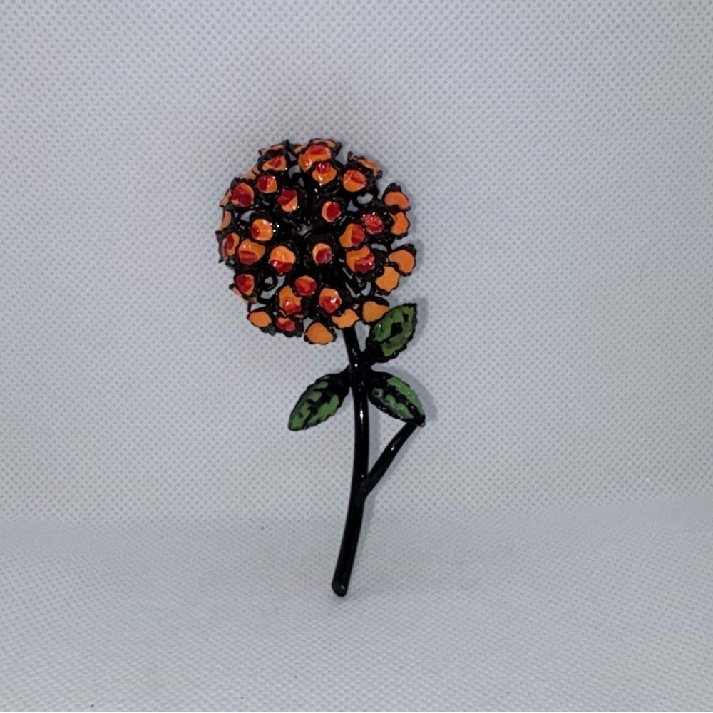 Vintage MCM Flower Power Orange Dahlia Enamel Painted Pot Metal Brooch Pin